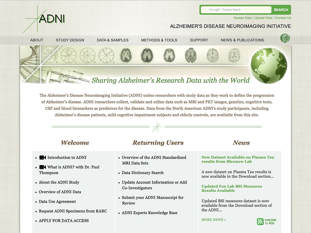 Old design of the ADNI homepage