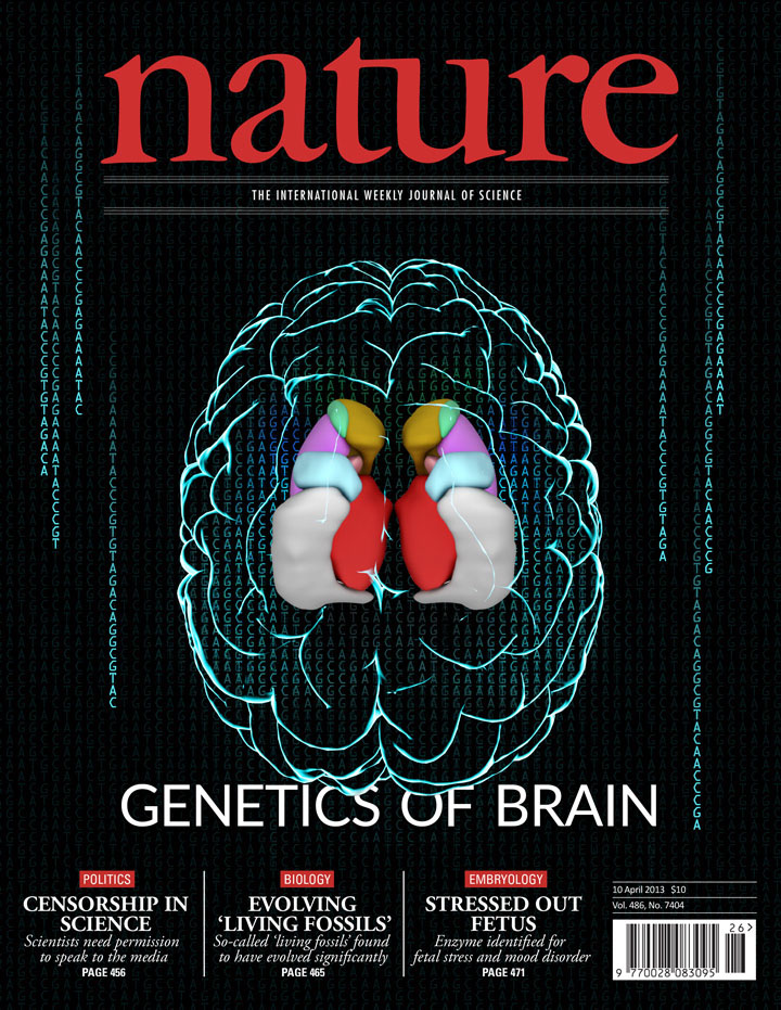 A mock journal cover showing a brain and genetic code